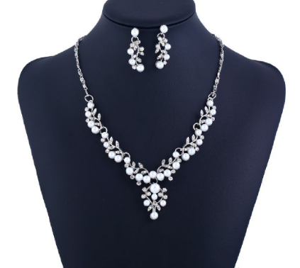 Bridal Wedding Faux Pearls Crystal Necklace Earrings Jewelry Set