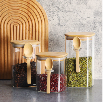 Transparent Container Jar With Lid And Wooden Spoon Coffee Bean Kitchenware Food Storage Box Seal IP
