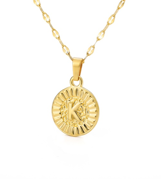 Maxzone A-Z Initial Round Letter Pendant Necklace For Women Stainless Steel Gold Choker Coin Letter Necklace K