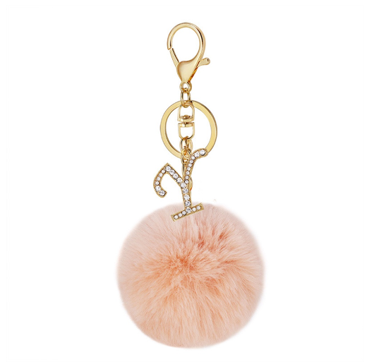New 26 Letter Rhinestone Alloy Keychain Charm Girls Pink Pompom Key Ring Car Key Holder Women Bag Ornaments Accessories Y