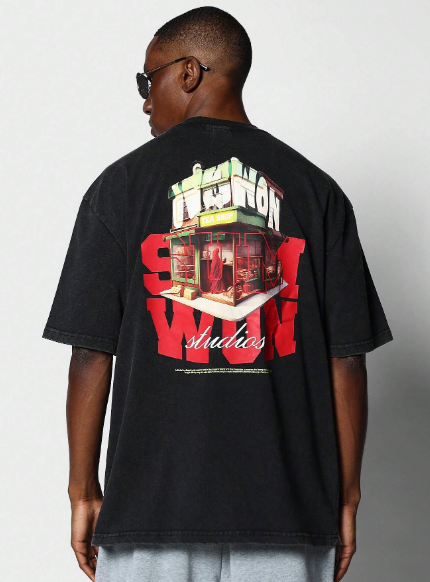 SUMWON Washed Tee With Tea Shop & Letter Graphic Print