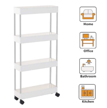 4 Layer Gap Kitchen Storage Rack Slim Slide Tower Movable Assemble Plastic Bathroom Shelf Wheels