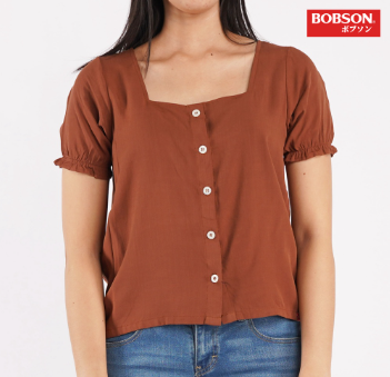 Bobson Japanese Ladies Basic Woven Plain Blouse for Women Trendy Fashion Boxy Fit 111536-U Brown