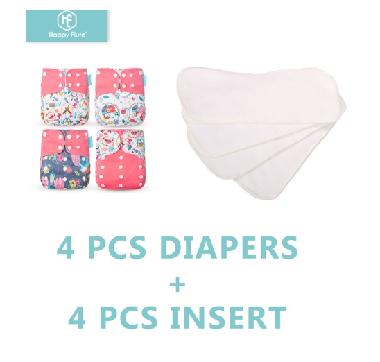 Happyflute 4Pcs Pocket Diapers Plus 4 Pcs Microfiber Insert Reusable Washable Ecological Cloth Diaper Fit 3 15kg Baby Set 12