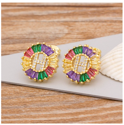 Colorful Choice 26 Initial Letters Earrings Cute Alphabet Copper CZ A-Z Rainbow Stud Earrings Name Jewelry H