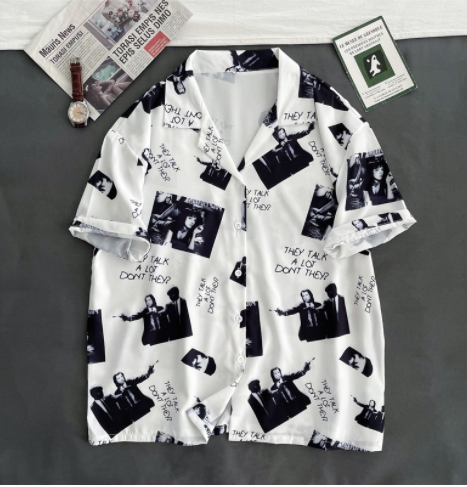 Summer Hong Kong Style Retro Print Short-sleeved Shirt Ins Fashion Casual Age-reducing Couple T-shirt Korean Style Loose All Match Men's And Women's Shirts With Half S