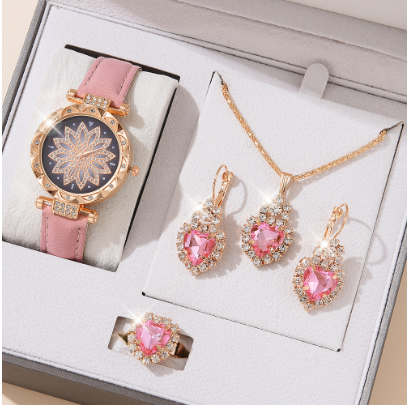 Flower shaped Women Watch Quartz Temperament Set (watch+ring+earrings+necklace 4pcs) Gift for Christmas Birthday New