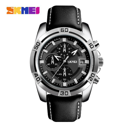 Skmei 9156 Watch for Men Fashion Sports Quartz Clock Soft Real Leather Chronograph Waterproof Wristwatch BLACK
