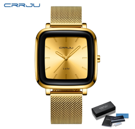 CRRJU Men's Watch Top Brand Square Dial Casual Business Analog Quartz Stainless Steel Waterproof 2199 GOLD