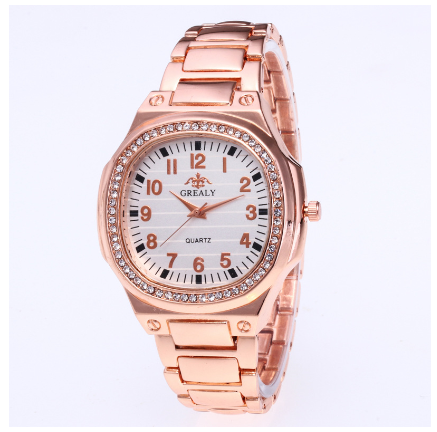 New style diamond men's quartz watch business casual rhinestone alloy steel band watch square student watch simple couple watch ROSEGOLD