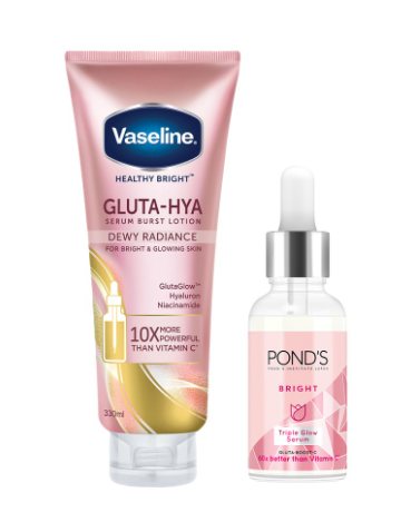 Vaseline Gluta Hya Dewy Radiance 330ml and Pond’s Bright Triple Glow Serum 30g