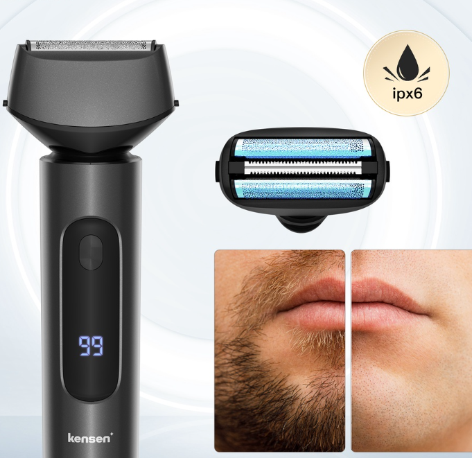 Kensen Electric Reciprocating Shaver Rechargeable 3 Blades Wet And Dry Ipx7 Waterproof Led Display