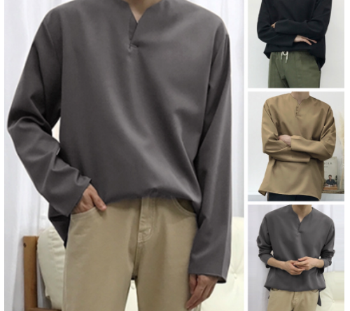 Mens Long Sleeve V-Neck Linen Shirt