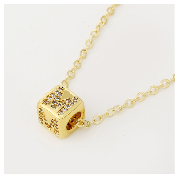 18K Gold Plated Titanium Steel English Letter Pendant Necklace Collar Chain Women's Fashion Copper Inlaid Zircon Dice Necklace Neckchain M