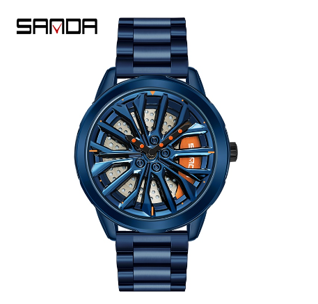 Sanda Fashion Pioneer Car Lover Cool Spinning Hub Racing Style Quartz Watch Style Luxury Watch BLUE STEEL STRAP