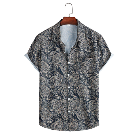 Men's Loose Casual Retro Cashew Flower Print Button Lapel Short Sleeve Black Floral Shirts Plus Size Street Wear Iron Free