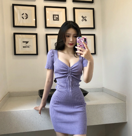Women´s Sexy Short Sleeve Drawstring V Neck Knit Mini Dress
