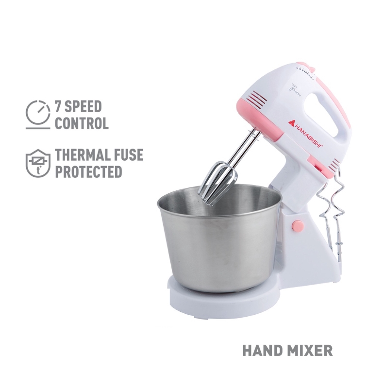 Hanabishi Hand Mixer HHMB120SS | Best for Baking 7-speed | Bowl, Beater, Dough Hooks