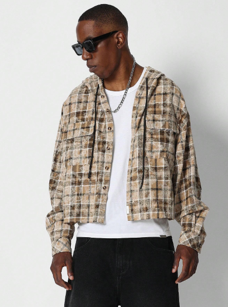 SUMWON Boxy Fit Checkered Button Through Shirt With Hoodie