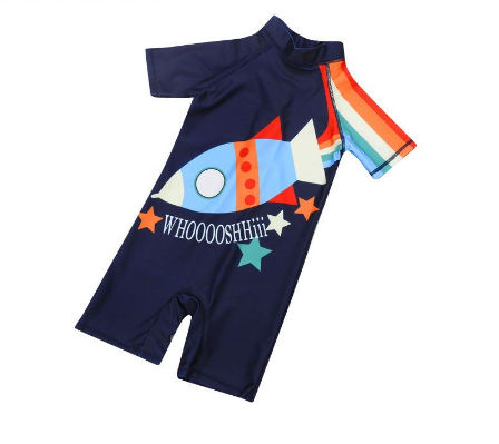9~36months One Piece Swimsuit Deep Blue with Rocket Pattern Kids Short Sleece Swimwear Children