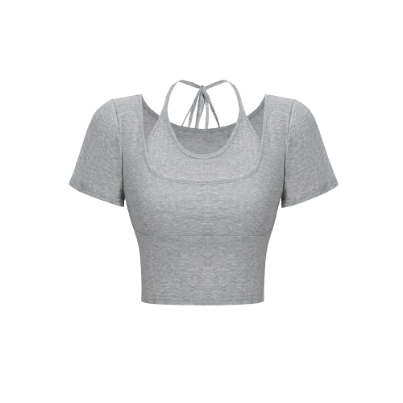 Lovito Women Fake 2 In 1 T-Shirt L61AD046 (Grey/Black)