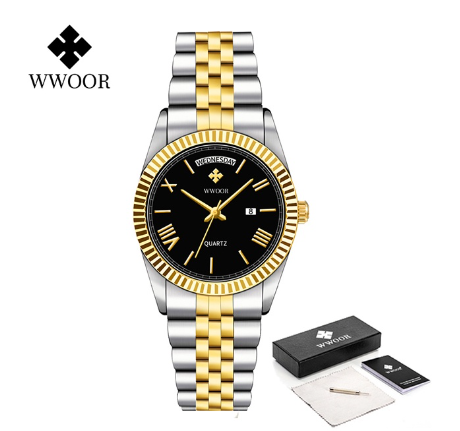 WWOOR Top Brand Fashion Watch Men Stainless Steel Luxury Waterproof Calendar Wristwatch Mens Watches BLACK DIAL TWO TONE