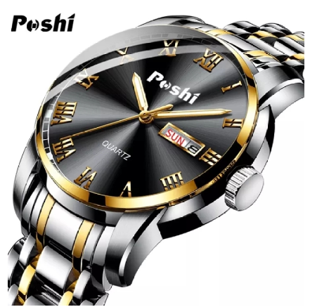 POSHI Dual Calendar Watch Men Waterproof Luminous Automatic Stainless Steel Quartz 03