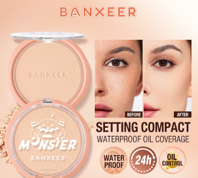 BANXEER Pressed Powder Oil Control Powder Foundation Waterproof Smooth Soft Matte Perfect Cover Face Makeup-30G