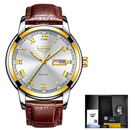 LIGE Watch For Couple Original Waterproof Stainless Steel Silver/Gold Fashion Business Trend Calendar Luminous Watches LEATHER GOLDEN WHITE