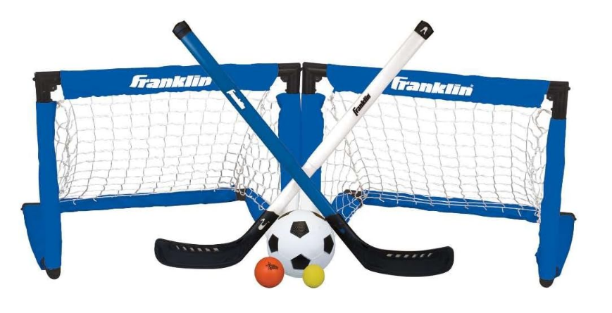Franklin Sports Indoor Mini Goal Sports Set - 3 in 1 Kids Indoor Goal Set - Indoor Mini Floor Hockey, Knee Hockey, and Mini Soccer Set for Kids, Blue, 22 x 17.5-Inch