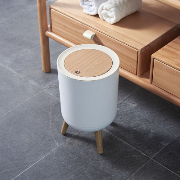 Nordic Minimalist White & Wood Large Capacity Living Room Bedroom Press Aesthetic Trash Can