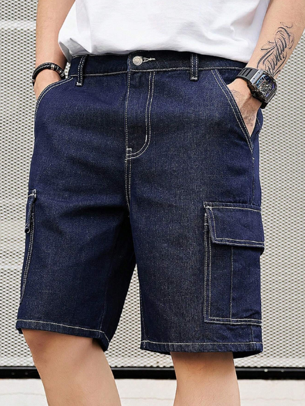 Manfinity Homme Men's Cargo Style Denim Shorts With Diagonal Pockets Baggy Plain Dark Blue Going Out Basic Rapper
