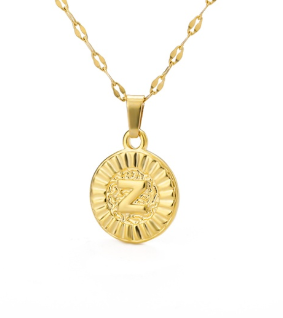 Maxzone A-Z Initial Round Letter Pendant Necklace For Women Stainless Steel Gold Choker Coin Letter Necklace Z
