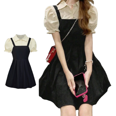 Lovito Women Casual Plain Pleated Draped Puff Sleeve 2In1 Dress L70AD088 (Black)