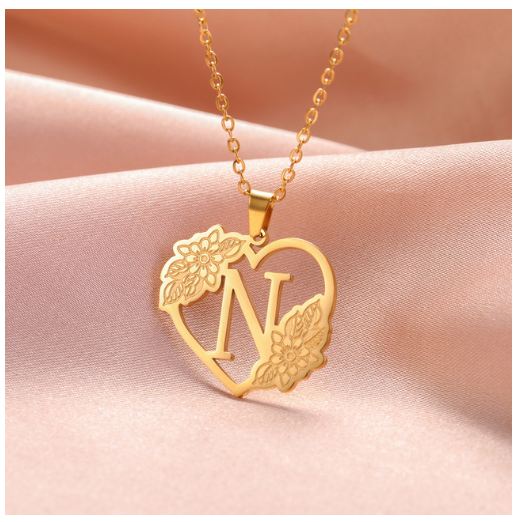 A-Z Initial Flower Necklace Women Stainless Steel Letter Heart Pendant Necklace Choker N