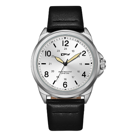 TPW Classic Field Men Watch Fabric Strap Stitched Leather Band Wristwatch 42mm Dial Watch BLACK LEATHER