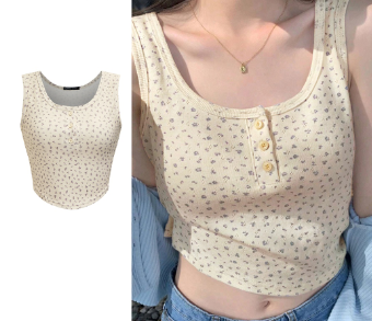 Lovito Women Casual Ditsy Floral Round Button Tank Top L71ED041 Off White