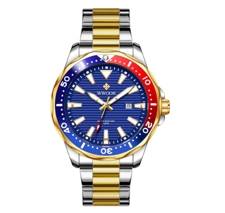 Wwoor Watch For Men Original Quartz Wristwatch Luxury Waterproof Stainless Steel Watch BLUE DIAL TWO TONE