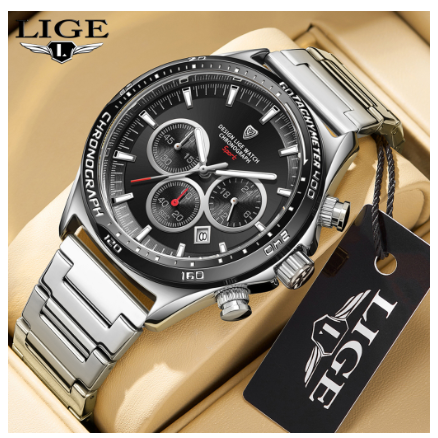 LIGE Men Original High Quality Stainless Quartz Wristwatches Waterproof Chronograph Unique Design Watch SILVER BLACK
