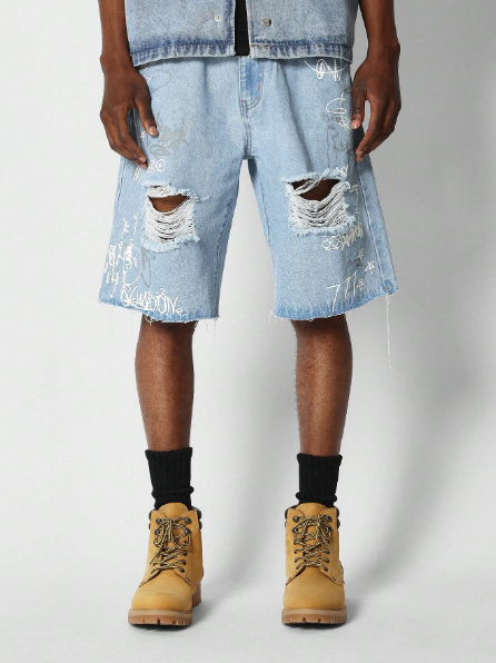 SUMWON Denim Bermuda Short With Graffiti Graphic