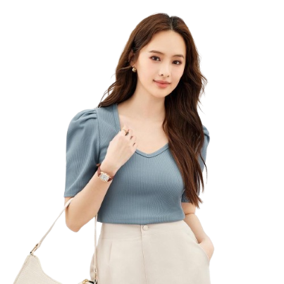 Lovito Casual Plain️ Puff Sleeve 2 in 1 Women T-Shirt L35ED008 (Pale Blue)
