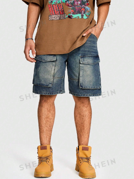 ROMWE Street Life Men's Summer Casual Washed Denim Cargo Shorts