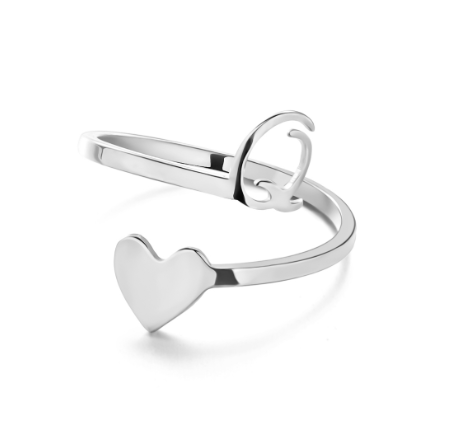 Silver Stainless Steel A-Z Rings Initial Letters Heart Rings Women Fashion Non Fading Jewelry Adjustable Q