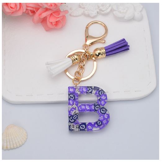 New 26 Letters Constellation Symbol Slice Resin Keychain Charms Women Handbag Ornaments With Tassel Key Ring Accessories Gift B