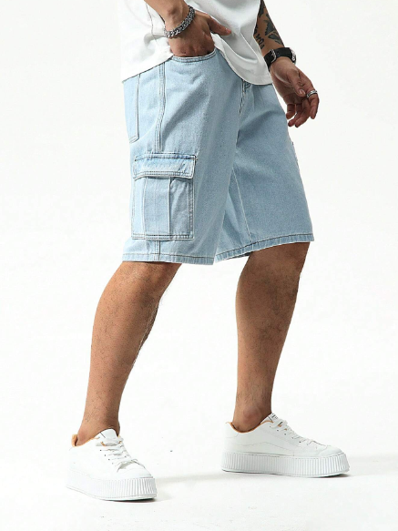 Manfinity EMRG Men's Light Blue Washed Cargo Denim Shorts