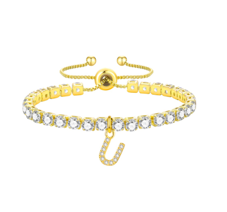 Vnox Cubic Zircon Letter Bracelet for Women Girl,18K Gold Handmade Initial Tennis Shiny Wedding Chain Link Jewelry Gift U