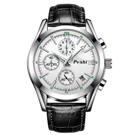 POSHI Men Watch Original Waterproof Exquisite High-End Sports Quartz Watches For Authentic Leather SILVER WHITE