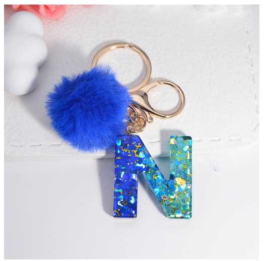 Exquisite Blue Pompom A-Z 26 Letter Keychain Glitter Heart Sequin Filled Initials Keyrings Bag Accessories Charm Car Keyholder N