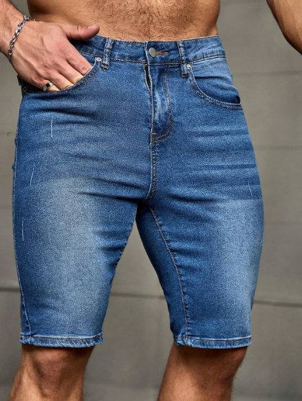 Manfinity Homme Men's Cat Whisker Design Denim Shorts Jorts Plain Navy Blue Work Basic