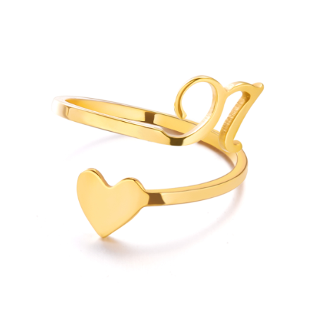 Gold Stainless Steel A-Z Rings Initial Letters Heart Rings Women Fashion Non Fading Jewelry Adjustable N